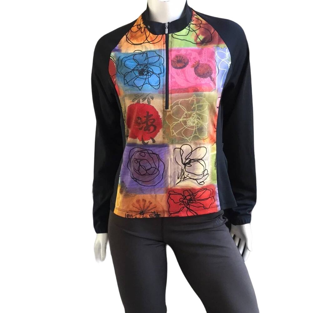 Sugoi 1/2 Zip Floral Cycling Black Jacket with Pockets Women's Size Medium